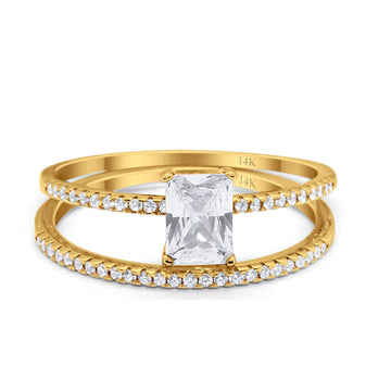 14K Yellow Gold Art Deco Two Piece Wedding Radiant Simulated Cubic Zirconia Ring Size-7